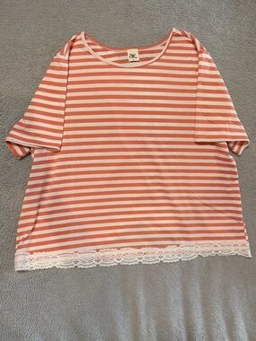 Sew In Love CORAL and White Striped Lace-Trim Top